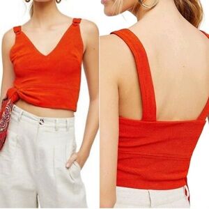 Free People Paisley Pop Tie Knot Side V Neck Cropped Tank Top Orange Red Small